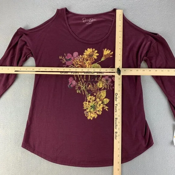 Jessica‎ Simpson Shirt Womens Small Maroon Pullover Cold Shoulder Floral Thin - Picture 5 of 10